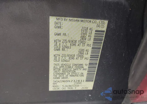 2015 Nissan Murano Sl из США, поврежденный, VIN 5N1AZ2MG0FN232831